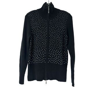 Boston Proper Cardigan Sweater Black Rhinestone Size M Silk Blend Double Zip Top